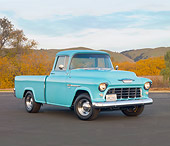 AUT 14 RK1611 01
1955 Chevy Cameo Pickup Blue 3/4 Front View By Hills and Trees.