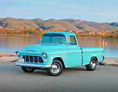 AUT 14 RK1612 01
1955 Chevy Cameo Pickup Blue 3/4 Front View By Hills and Trees.