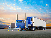 AUT 14 RK1614 01
1998 Peterbilt Semi Blue Bright Royal Metallic 3/4 Front View On Pavement By Sunset