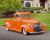 AUT 14 RK1636 01
1941 Chevrolet Pickup Truck Orange 3/4 Front View On Pavement By House