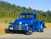 AUT 14 RK1646 01
1948 Chevrolet Thriftmaster Pickup Truck Blue 3/4 Front View On Pavement By Meadow And Trees