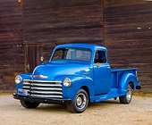 AUT 14 RK1649 01
1948 Chevrolet Thriftmaster Pickup Truck Blue 3/4 Front View On Gravel By Wood Building