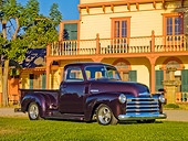 AUT 14 RK1660 01
1948 Chevrolet 1/2 Ton Pickup Truck Black Currant 3/4 Side View On Grass By House