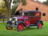 AUT 14 RK1675 01
1929 Ford Model A Pepsi Pickup Truck Red 3/4 Front View On Grass By Trees And Brick Building