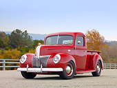 AUT 14 RK1676 01
1941 Ford Pickup Truck Red 3/4 Front View On Pavement By Fence And Autumn Trees