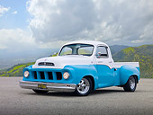 AUT 14 RK1678 01
1957 Studebaker Transtar Pickup Truck Teal And White 3/4 Front View On Pavement By Grassy Hills