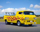 AUT 14 RK1688 01
1963 Ford E100 Pickup Truck Yellow With Red Flames 3/4 Front View On Pavement