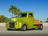 AUT 14 RK1699 01
1947 Ford Pickup Flatbed Lime Gold 3/4 Front View On Pavement By Palm Trees