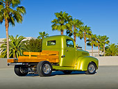 AUT 14 RK1701 01
1947 Ford Pickup Flatbed Lime Gold 3/4 Rear View On Pavement By Palm Trees