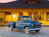 AUT 14 RK1703 01
1956 Chevrolet Stepside Pickup Blue 3/4 Front View On Concrete By Train Station