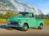 AUT 14 RK1707 01
1957 Chevrolet 3100 Pickup Green 3/4 Front View On Pavement By Mountains