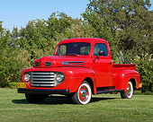 AUT 14 RK1721 01
1949 Ford F-1 Pickup Red 3/4 Front View On Grass By Cornfield