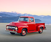 AUT 14 RK1725 01
1956 Ford F-100 Red With Whizzer Motorbike 3/4 Front View On Pavement By Water And Icy Mountains