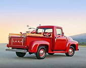 AUT 14 RK1729 01
1956 Ford F-100 Red With Whizzer Motorbike 3/4 Rear View On Pavement