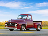 AUT 14 RK1741 01
1955 Ford F-100 Purple 3/4 Front View On Road By Grass And Trees