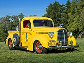 AUT 14 RK1747 01
1938 Ford Pickup Corvette Yellow With Pipes 3/4 Front View On Grass By Trees