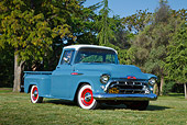 AUT 14 RK1759 01
1957 Chevrolet 3200 Pickup Dove Blue 3/4 Front View On Grass By Trees