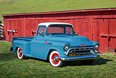 AUT 14 RK1762 01
1957 Chevrolet 3200 Pickup Dove Blue 3/4 Front View On Grass By Red Barn