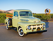 AUT 14 RK1774 01
1952 Ford F-1 Pickup Glen Mist Green 3/4 Front View On Pavement By Vineyard