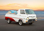 AUT 14 RK1793 01
1969 Dodge A-100 Pearl White And Tangerine 3/4 Front View On Pavement By Water At Sunset