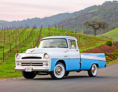 AUT 14 BK0002 01
1957 Dodge Sweptside Pickup Truck Blue And White 3/4 Front View On Road By Vineyard
