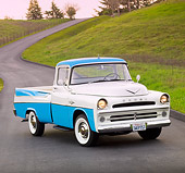 AUT 14 BK0007 01
1957 Dodge Sweptside Pickup Truck Blue And White 3/4 Front View On Road By Hillside