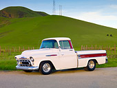 AUT 14 BK0018 01
1957 Chevrolet Cameo Pickup Truck White 3/4 Front View On Pavement By Hills