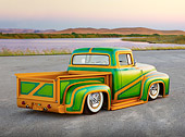 AUT 14 BK0032 01
1956 Ford F-100 Pickup Truck Custom Green And Gold 3/4 Rear View On Pavement By Hills And Lake