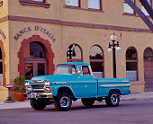 AUT 14 RK0116 02
1959 Chevrolet Apache Pickup Truck Aqua 3/4 Side View On Pavement By Building