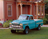 AUT 14 RK0117 03
1959 Chevrolet Apache Pickup Truck Aqua 3/4 Front View On Grass By House