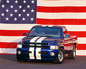 AUT 14 RK0232 04
Dodge Viper Ram VTS Concept Truck Blue 3/4 Front View American Flag Background