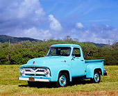 AUT 14 RK1053 03
1955 Ford F-100 Seafoam Green 3/4 Side View On Grass Blue Sky Clouds