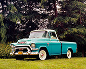 AUT 14 RK1071 02
1956 GMC Suburban Pickup Truck Green And White 3/4 Front View On Grass Trees Background