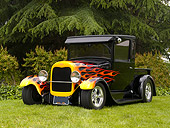 AUT 14 RK1154 01
1929 Ford Pick Up Truck Black With Flames 3/4 Front View On Grass By Trees