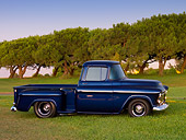 AUT 14 RK1351 01
1956 Chevrolet 3100 Pick Up Truck Blue 3/4 Side View On Grass
