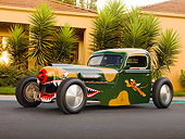 AUT 14 RK1393 01
1942 Ford Pickup Truck Custom Camouflage Warhawk Flying Tiger Art 3/4 Front View On Pavement By Building
