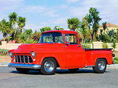 AUT 14 RK1402 01
1957 Chevrolet Stepside Pickup Truck Red 3/4 Front View On Pavement By Palm Trees
