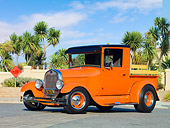 AUT 14 RK1404 01
1928 Ford Model A Pickup Truck Orange 3/4 Front View On Pavement By Palm Trees