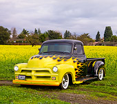 AUT 14 RK1458 01
1954 Chevrolet Pickup Truck Hot Rod Black With Yellow Flames 3/4 Front View In Field Of Yellow Wildflowers