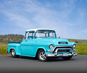 AUT 14 RK1489 01
1957 GMC Pickup Truck Mint Green And White 3/4 Front View On Pavement By Field