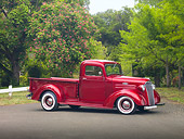AUT 14 RK1500 01
1937 Chevrolet Pickup Truck Red 3/4 Front View On Pavement By Trees