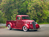 AUT 14 RK1501 01
1937 Chevrolet Pickup Truck Red 3/4 Front View On Pavement By Trees