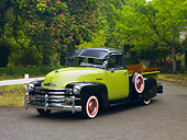 AUT 14 RK1505 01
1950 Chevrolet 3100 Pickup Truck Green And Black 3/4 Front View On Pavement By Trees