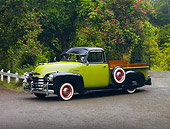 AUT 14 RK1506 01
1950 Chevrolet 3100 Pickup Truck Green And Black 3/4 Front View On Pavement By Trees