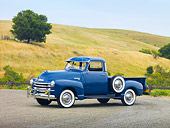 AUT 14 RK1508 01
1950 Chevrolet 3100 Pickup Truck Blue 3/4 Front View On Pavement By Hills