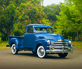 AUT 14 RK1510 01
1950 Chevrolet 3100 Pickup Truck Blue 3/4 Front View On Pavement By Trees