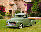 AUT 14 RK1511 01
1950 Chevrolet 3100 Pickup Truck Green 3/4 Front View On Grass By Trees