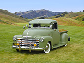 AUT 14 RK1512 01
1950 Chevrolet 3100 Pickup Truck Green 3/4 Front View On Grass By Trees