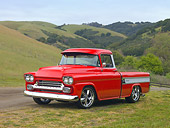 AUT 14 RK1516 01
1958 Chevrolet Cameo Pickup Truck Red 3/4 Front View On Grass By Hills