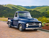 AUT 14 RK1523 01
1955 Ford F-100 Dark Blue 3/4 Front View On Bricks By Hills